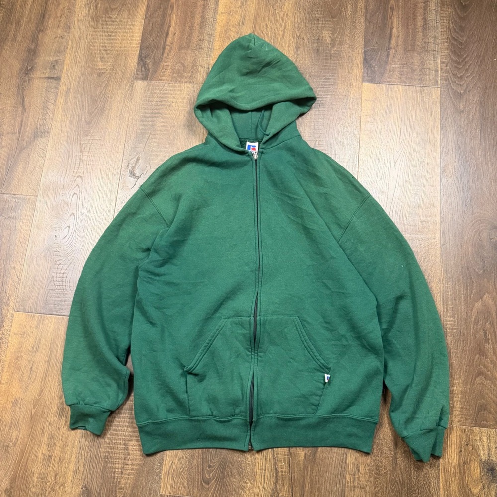 Vintage Russell Athletic Blank Full Zip Hoodie Green Made in USA XL